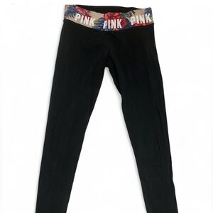 PINK Victoria's Secret Black Leggings with Floral Trim - Small